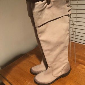 Thigh high distressed fade beige boots
